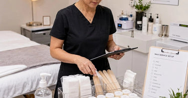 A professional spa station with neatly organized, pre-portioned supplies and a single-use waxing kit, highlighting service consistency and hygiene.