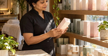 Spa and salon retail product boxes displayed in a sunny reception area, illustrating how natural sunlight can fade colorful beauty product packaging