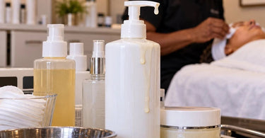 Professional skincare bottles and facial treatment dispensers showing product residue and drips around pump nozzles in a busy spa facial room