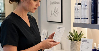 An attractive display of product education cards next to skincare and beauty products in a professional spa setting.