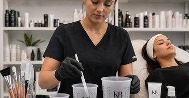 Variety of professional mixing cups and bowls in different sizes lined up on a salon counter, showcasing size options for different beauty services