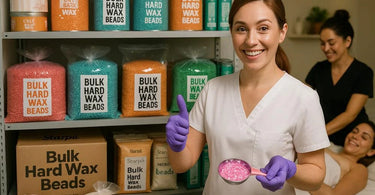 Bulk hard wax beads in various colors displayed in salon setting with wax warmer and tools