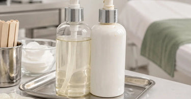 Pump bottles with cross-contamination warning icons and germs, emphasizing that pump bottles are not automatically contamination-proof for salon and spa use.