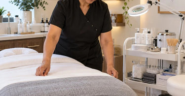 Professional spa treatment room prepared with neatly arranged linens, furniture, lighting, and treatment supplies for repeat clients