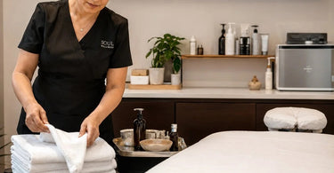 A professional spa therapist holds a towel and spa tools, representing the true cost of reusable items in a salon business.