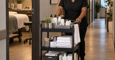 Professional rolling spa cart moving through a quiet salon or spa hallway
