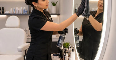 A bright and clean salon mirror reflecting a professional styling chair and equipment, symbolizing the importance of proper mirror maintenance in a beauty establishment.