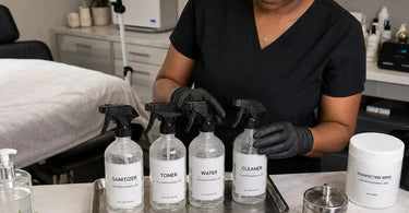 Professional salon spray bottle with clear, moisture-resistant label for identification in a spa setting.