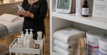 A salon storage room with temperature awareness, showcasing neatly organized beauty and skincare products on shelves to preserve product integrity.