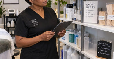 Spa and salon professionals checking inventory to ensure products are in stock for client services