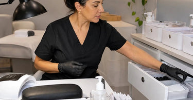 A serene and organized spa treatment room featuring stylish, standardized storage solutions, including a clean, mobile cabinet with multiple drawers and color-coded bins, promoting a clutter-free and efficient workspace for professionals.