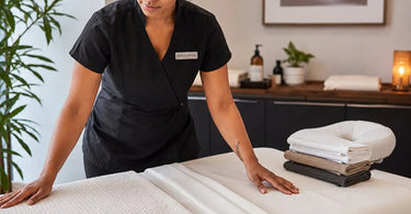 A close-up of a hand pressing into a plush, white massage table sheet, highlighting the texture and comfort for a superior client experience.
