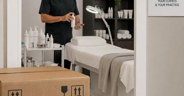 Warning sign on a door reading 'Clean Treatment Area, Shipment Boxes Do Not Enter', emphasizing salon and spa hygiene and safety protocols.