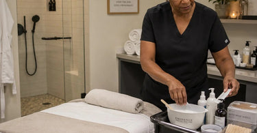 Spa treatment menu development concept showcasing a Vichy shower hydrotherapy experience with body treatment products