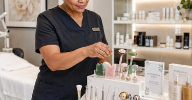 Hand holding a variety of small professional spa and salon tools, including a cuticle oil bottle, compressed sponges, applicators, and nail files arranged on a marble surface.