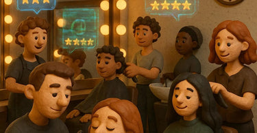 Salon owner looking at fake online reviews with a frustrated expression, with a laptop showing suspicious five-star ratings