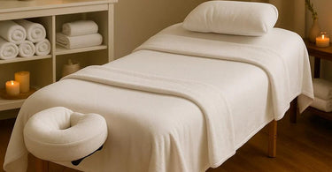 Luxurious spa bedding setup with soft white sheets and blankets on a massage table