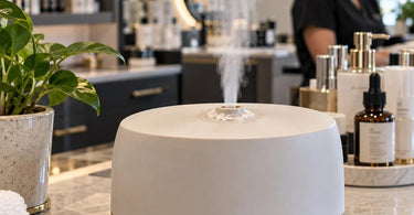 Professional spa diffuser showing residue buildup around the mist outlet in a clean treatment room