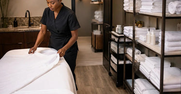 A well-organized spa laundry room with neatly folded towels on shelves, a hamper for soiled linens, and a clear pathway for clean linen flow.