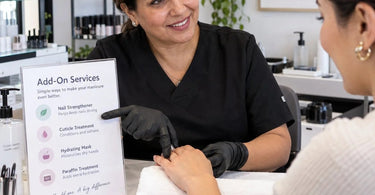 Spa menu with plain English add-on descriptions displayed on a reception desk