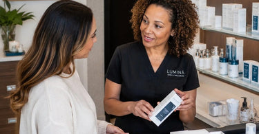 A serene spa employee offering a product recommendation to a smiling client, representing a pressure-free and genuine staff-client interaction.