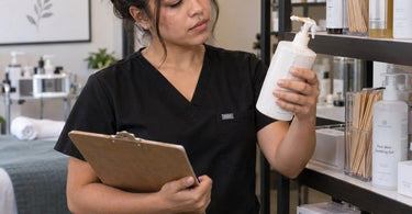 Spa professional staff member examining a wax warmer and other salon supplies to identify products that are difficult to use in a treatment room