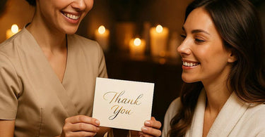Spa professional handing a thank-you card to a smiling client