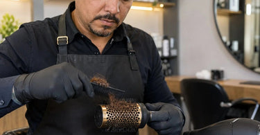 A clean thermal brush glowing next to a dirty, debris-filled one, showcasing the importance of regular maintenance.