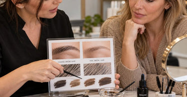 Professional eyebrow tinting showing how color develops on coarse and fine brow hair during a salon brow treatment