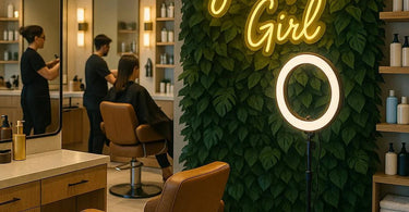 Stylish hair salon with glowing custom LED neon sign creating perfect backdrop for client selfies
