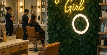 Stylish hair salon with glowing custom LED neon sign creating perfect backdrop for client selfies