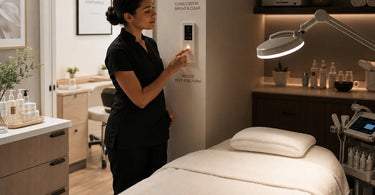 A split image showing a bright, clinical consultation room lighting on one side and a warm, relaxing service room lighting on the other, illustrating the transition in a spa treatment room.