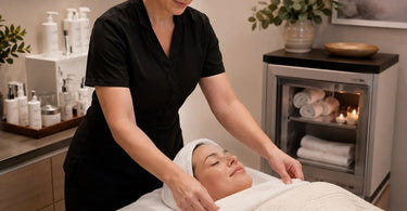 Spa treatment room with massage table and ambient lighting illustrating the importance of room temperature for client comfort.