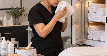 Warm spa towels in a professional towel warming cabinet illustrating how heat, moisture, and proper cabinet care affect towel freshness during salon and spa services