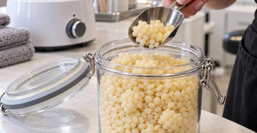 Professional hard wax beads in storage illustrating moisture exposure, clumping, and proper wax storage practices for salons and spas