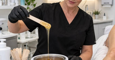 Professional waxing applicator lifting stringy melted wax from a salon wax warmer, illustrating wax consistency and temperature troubleshooting