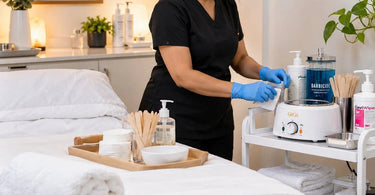 Professional waxing treatment room prepared for photography with organized waxing supplies, clean treatment bed, wax warmer, and neatly arranged salon equipment