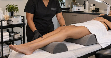 Esthetician adjusting the leg support section of a professional waxing table for better client comfort and ergonomic positioning