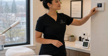 A calming spa treatment room setup, illustrating the importance of a comfortable and well-regulated environment for client relaxation and professional services.