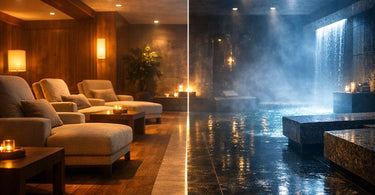 Spa furniture strategy showing the contrast between a modern, waterproof pedicure chair in a wet zone and a plush, comfortable massage table in a dry zone, emphasizing the need for different furniture in each area.