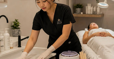 Spa professional promptly placing a wet floor sign to ensure client safety and clear communication on a wet surface, demonstrating proper staff habits and salon safety protocols.