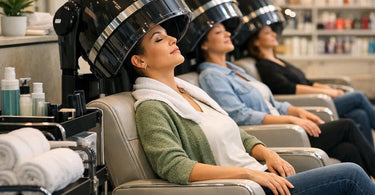 A clean and organized salon drying area with neatly hung towels and tools, emphasizing hygiene and efficiency, contrasting with cluttered chairs.