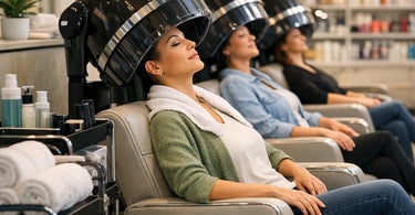 A clean and organized salon drying area with neatly hung towels and tools, emphasizing hygiene and efficiency, contrasting with cluttered chairs.
