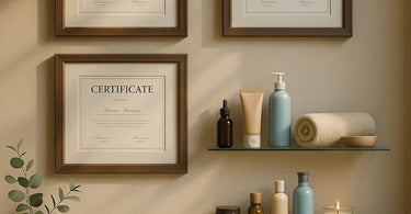A beautifully framed certification displayed on the wall of a modern, clean spa treatment room