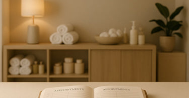 Spa manager happily using a digital scheduling calendar on a tablet while relaxed clients wait in the background