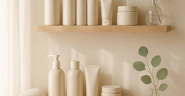 A serene spa treatment room showcasing gentle, fragrance-free products on a linen towel, focusing on sensitive skin care for spa clients