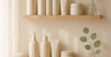 A serene spa treatment room showcasing gentle, fragrance-free products on a linen towel, focusing on sensitive skin care for spa clients