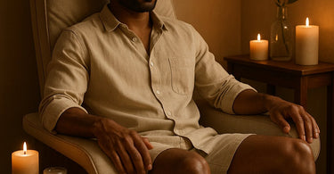 Professional providing a pedicure to a male client in a modern spa setting