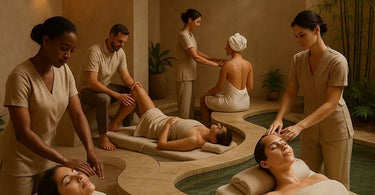 Spa professional consulting with client in modern treatment room about services