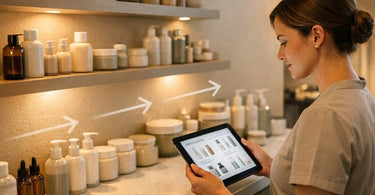 A sleek and organized professional spa backbar with labeled bottles and neatly arranged skincare products, representing an efficient workflow.